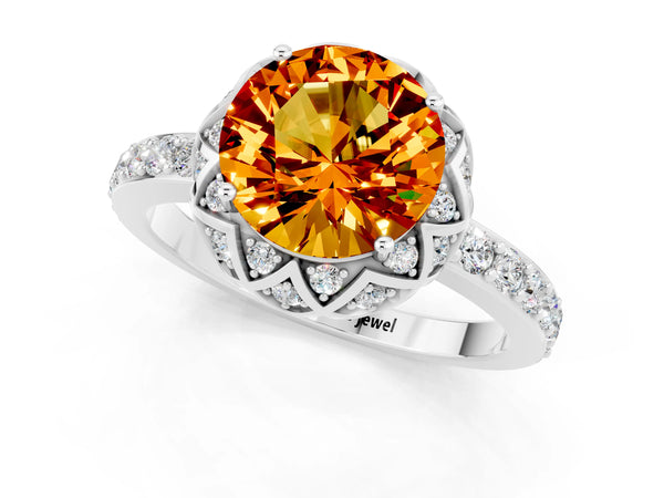 White gold Round Cut Citrine Scalloped Halo Engagement Ring with Round Shared Prong Band