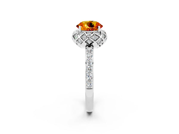 Platinum Round Cut Citrine Scalloped Halo Engagement Ring with Round Shared Prong Band