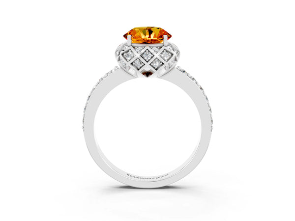 Silver Round Cut Citrine Scalloped Halo Engagement Ring with Round Shared Prong Band