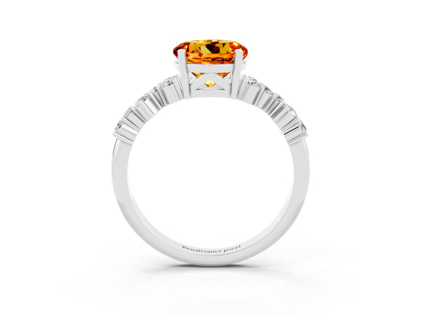White gold Round Cut Citrine Scattered Round Accent Ring with Prong Setting