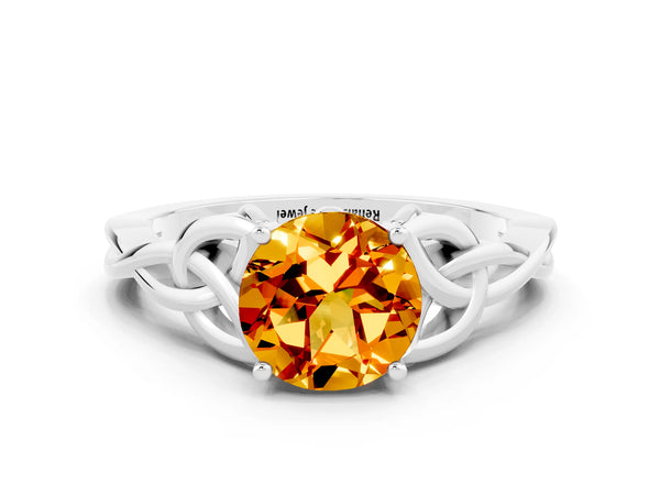 Silver Round Cut Citrine Solitaire Celtic Knot Ring with Four-Prong Setting