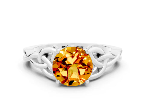 White gold Round Cut Citrine Solitaire Celtic Knot Ring with Four-Prong Setting_12