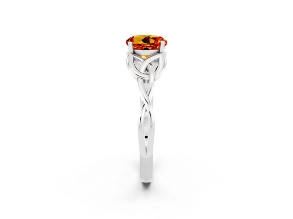 Platinum Round Cut Citrine Solitaire Celtic Knot Ring with Four-Prong Setting
