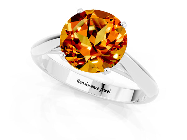 Platinum Round Cut Citrine Solitaire Engagement Ring with Cathedral Setting and Four-Prong Mount