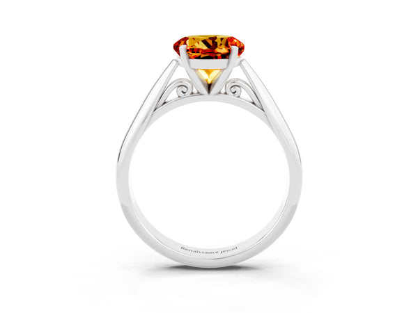 Silver Round Cut Citrine Solitaire Engagement Ring with Cathedral Setting and Four-Prong Mount