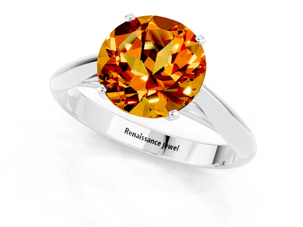 White gold Round Cut Citrine Solitaire Engagement Ring with Cathedral Setting and Four-Prong Mount