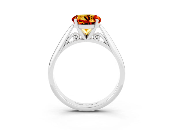 White gold Round Cut Citrine Solitaire Engagement Ring with Cathedral Setting and Four-Prong Mount