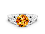 White gold Round Cut Citrine Solitaire Engagement Ring with Celtic Knot Band and Four-Prong Setting