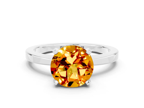 Silver Round Cut Citrine Solitaire Engagement Ring with Classic Band and Four-Prong Setting