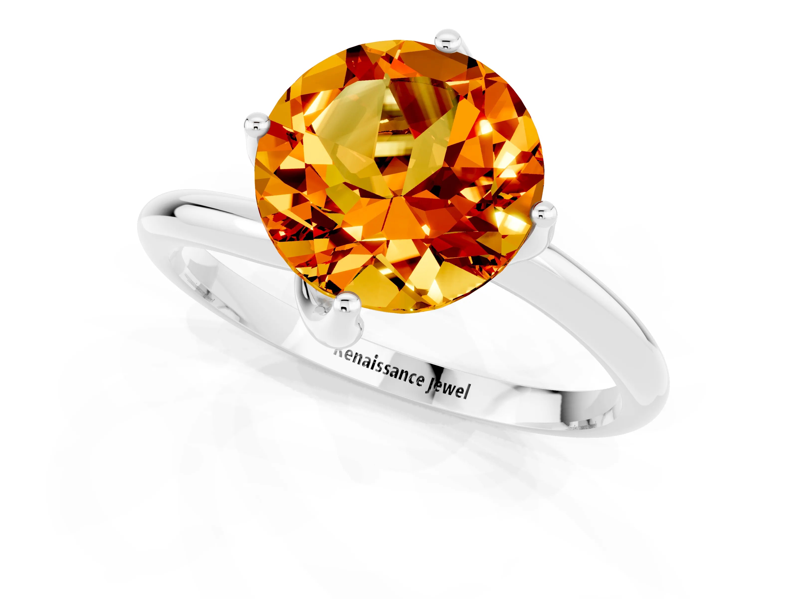 White gold Round Cut Citrine Solitaire Engagement Ring with Four-Prong Setting and Classic Band_13