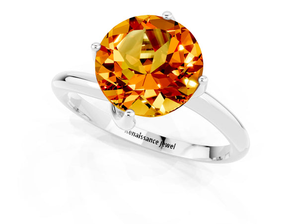 Platinum Round Cut Citrine Solitaire Engagement Ring with Four-Prong Setting and Classic Band