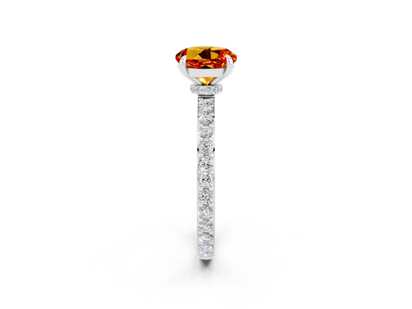 Platinum Round Cut Citrine Solitaire Engagement Ring with Pavé Band and Four-Prong Setting