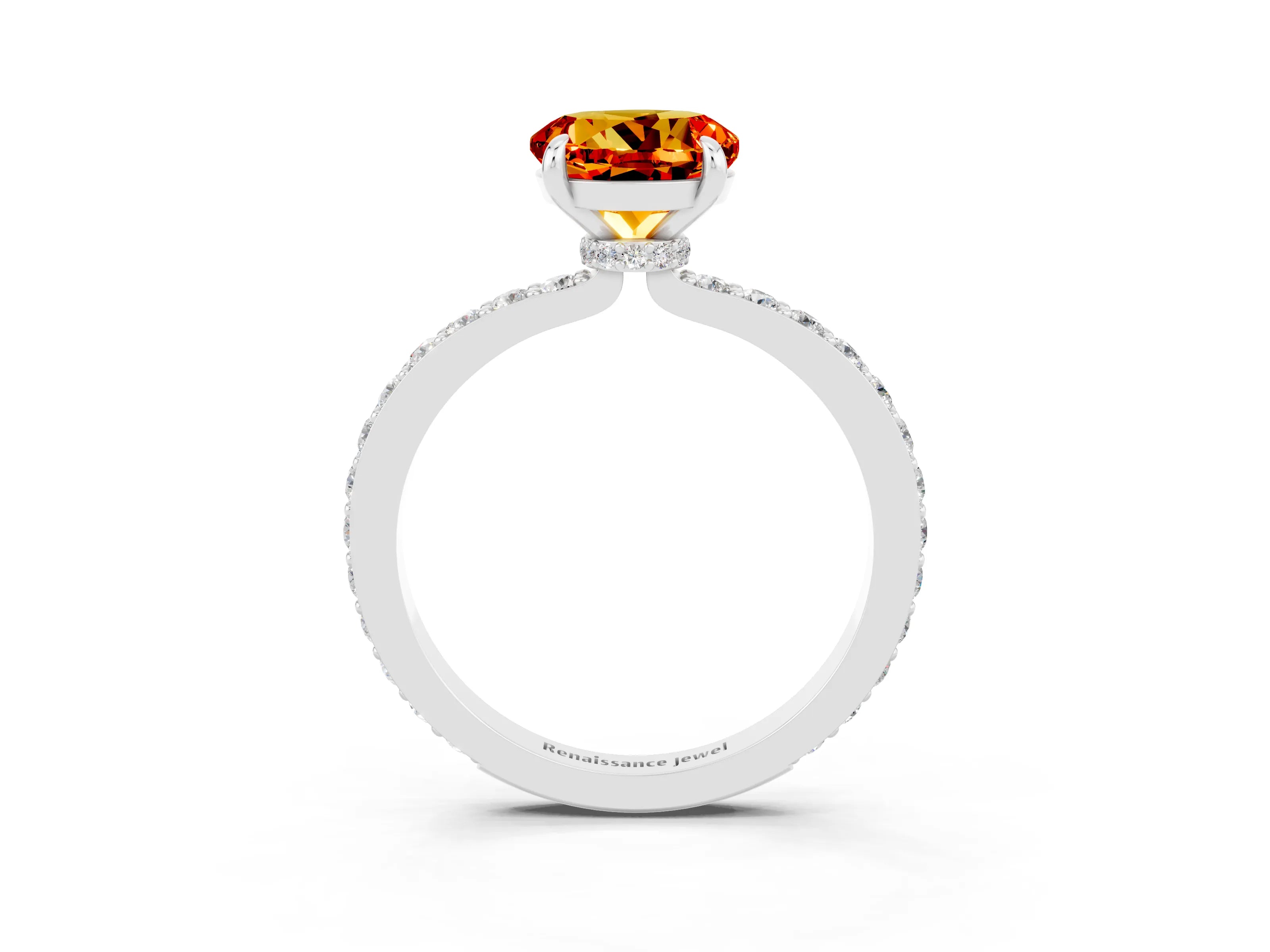 White gold Round Cut Citrine Solitaire Engagement Ring with Pavé Band and Four-Prong Setting_3