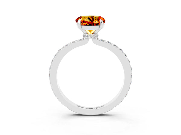 Silver Round Cut Citrine Solitaire Engagement Ring with Pavé Band and Four-Prong Setting