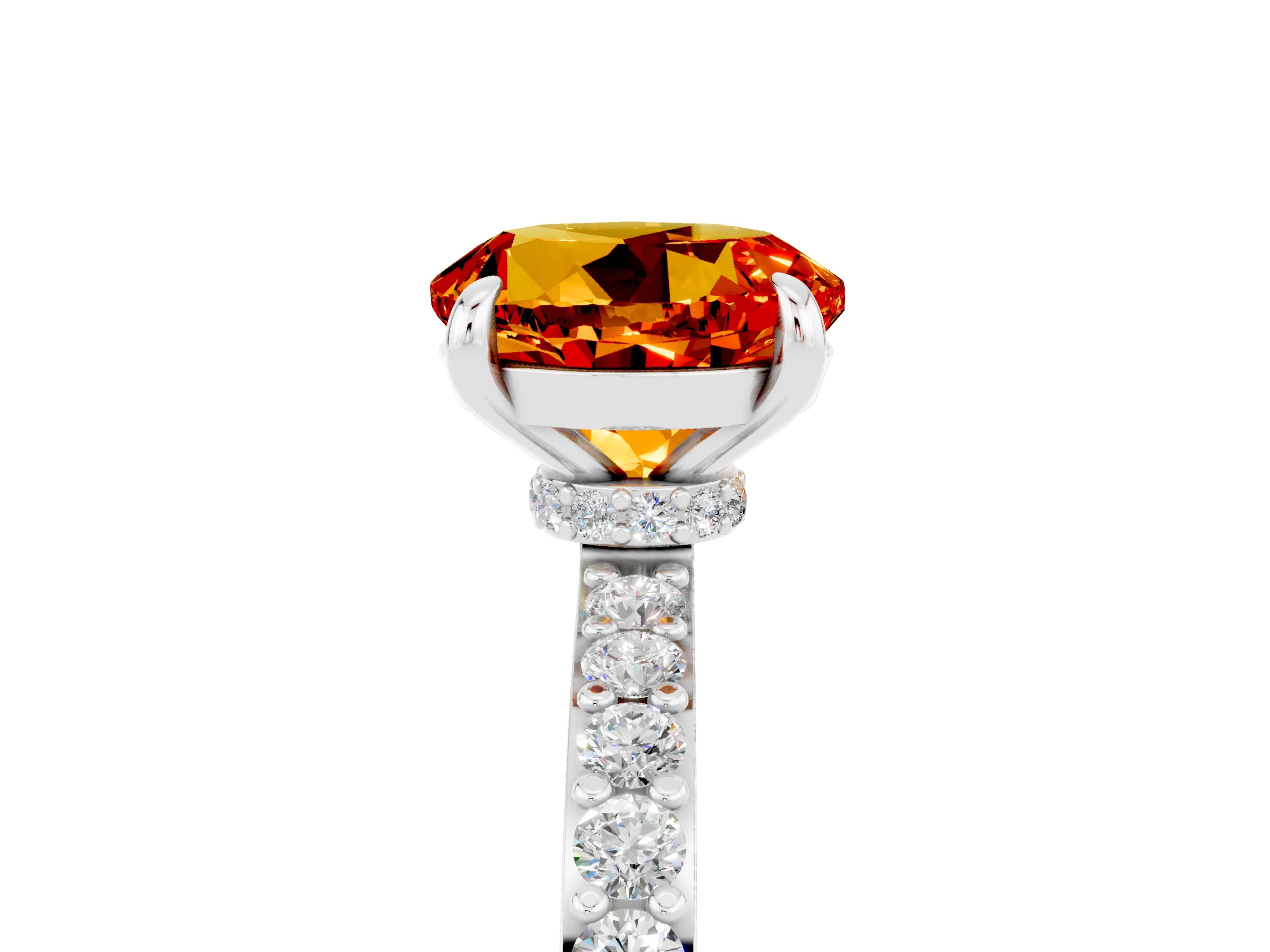 White gold Round Cut Citrine Solitaire Engagement Ring with Pavé Band and Four-Prong Setting_5