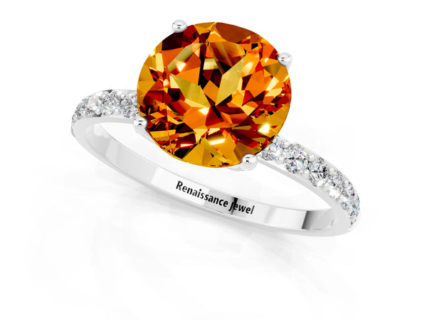 Platinum Round Cut Citrine Solitaire Engagement Ring with Round  Pavé Band and Prong Setting