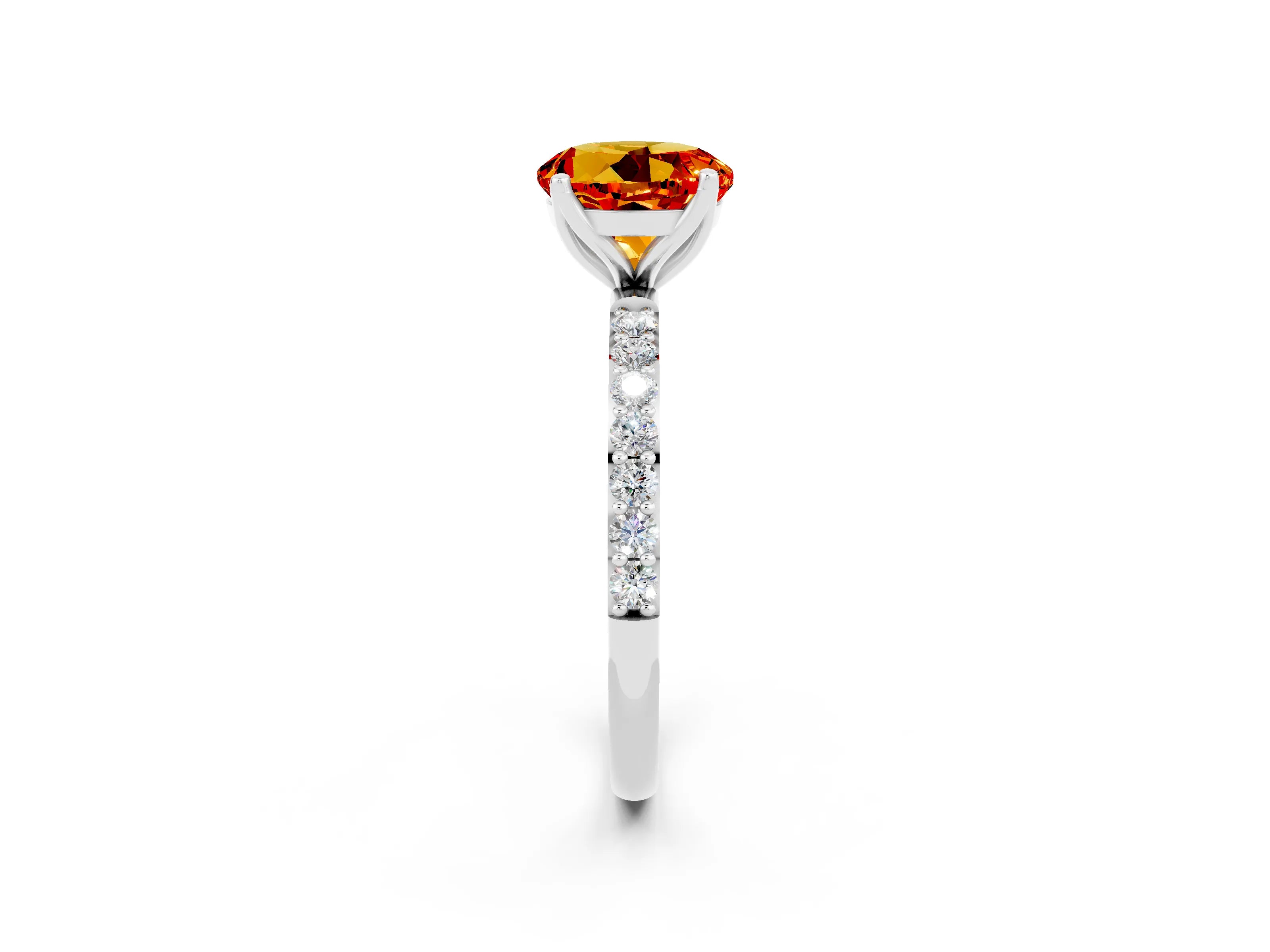 White gold Round Cut Citrine Solitaire Engagement Ring with Pavé Band and Prong Setting_2