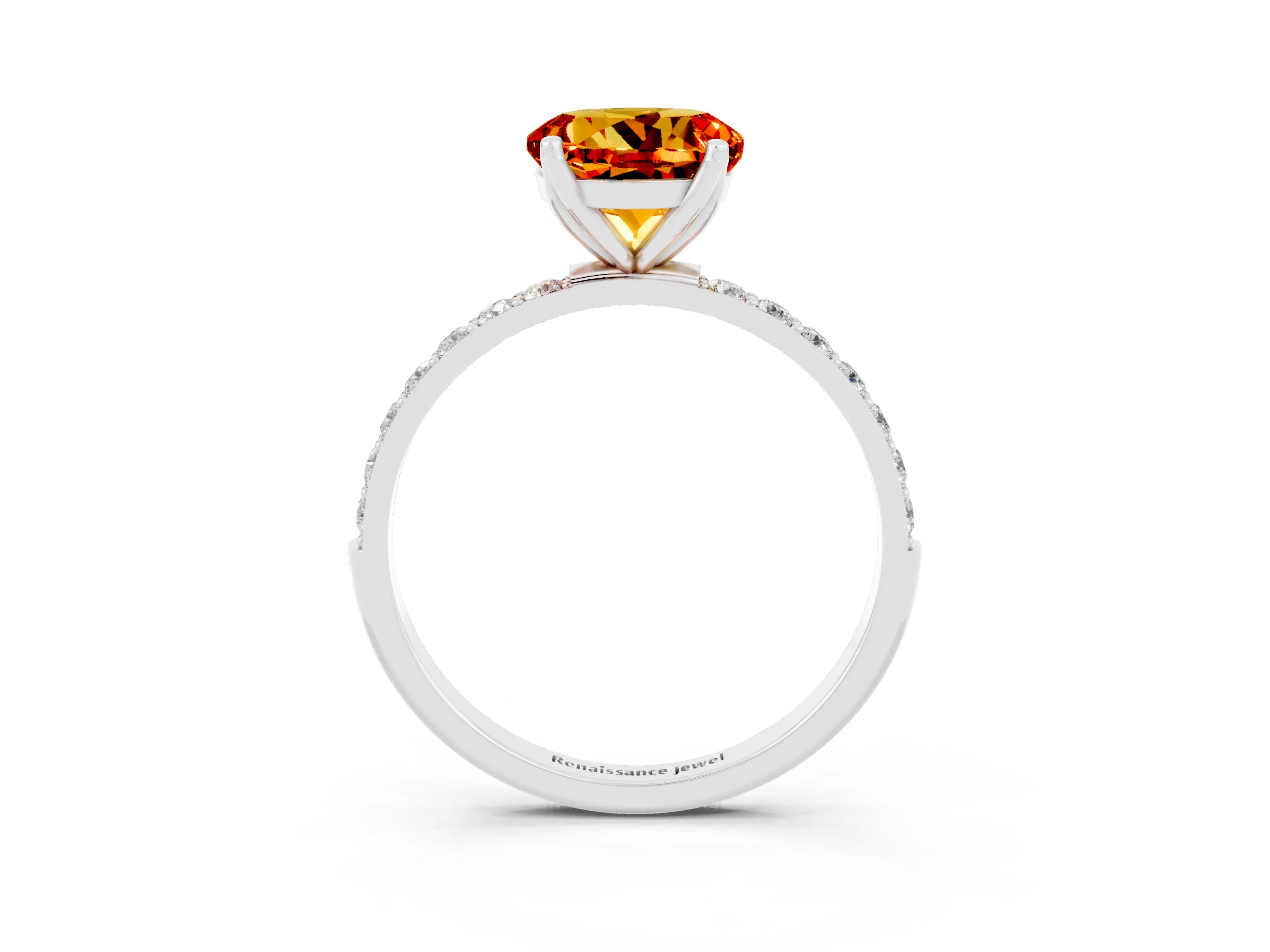 White gold Round Cut Citrine Solitaire Engagement Ring with Pavé Band and Prong Setting_3