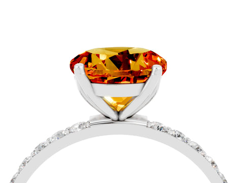 White gold Round Cut Citrine Solitaire Engagement Ring with Pavé Band and Prong Setting_4