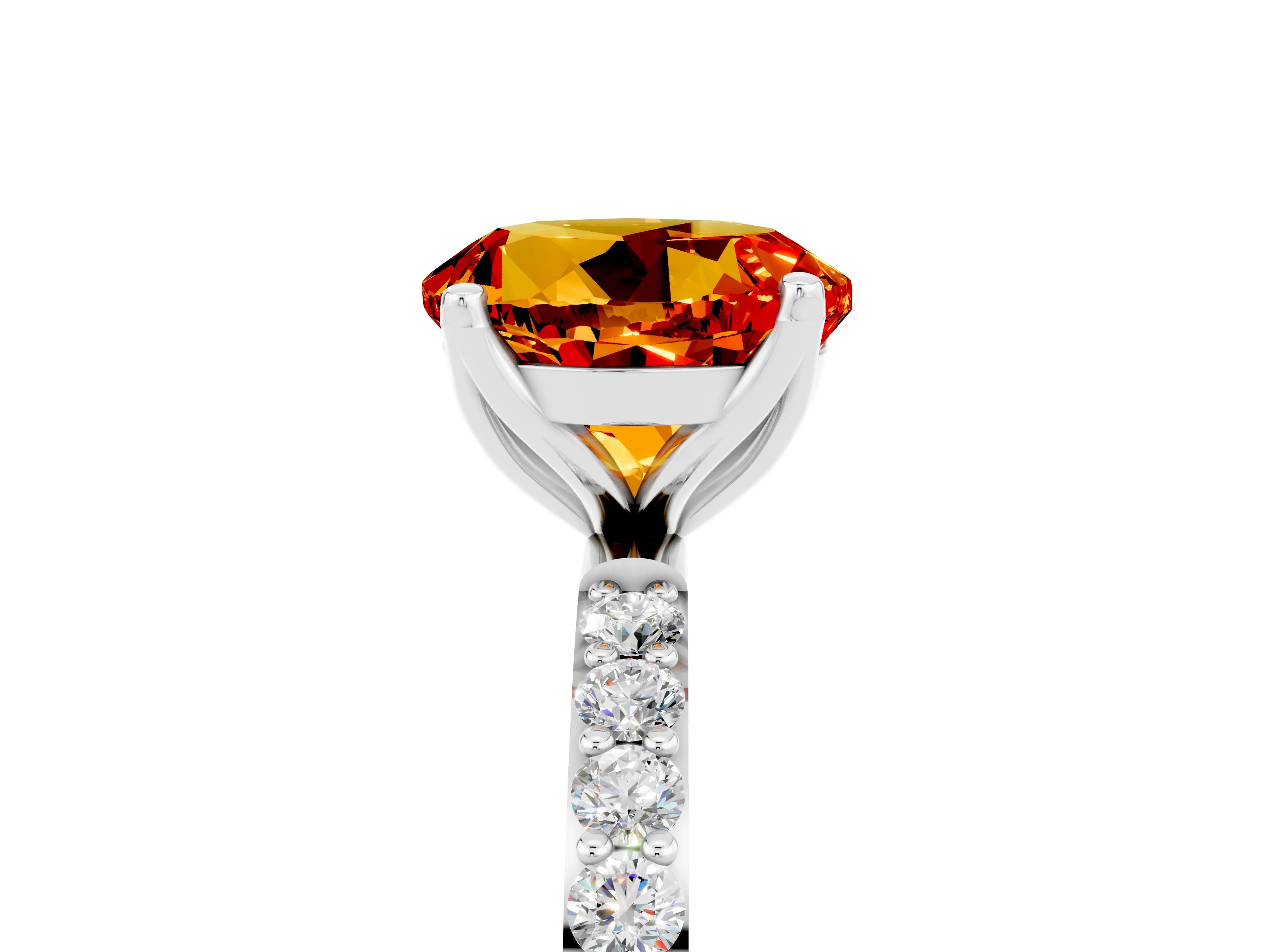 White gold Round Cut Citrine Solitaire Engagement Ring with Pavé Band and Prong Setting_5