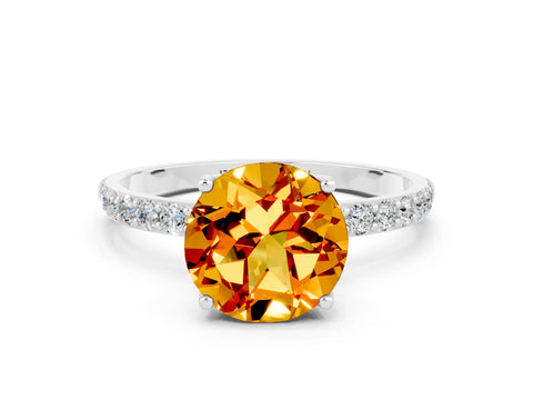 White gold Round Cut Citrine Solitaire Engagement Ring with Pavé Band and Prong Setting