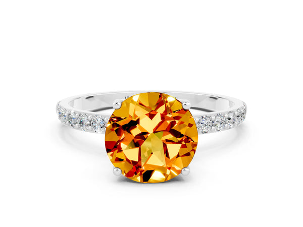 Silver Round Cut Citrine Solitaire Engagement Ring with Round  Pavé Band and Prong Setting