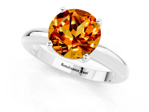 White gold Round Cut Citrine Solitaire Engagement Ring with Round Band and Four-Prong Setting