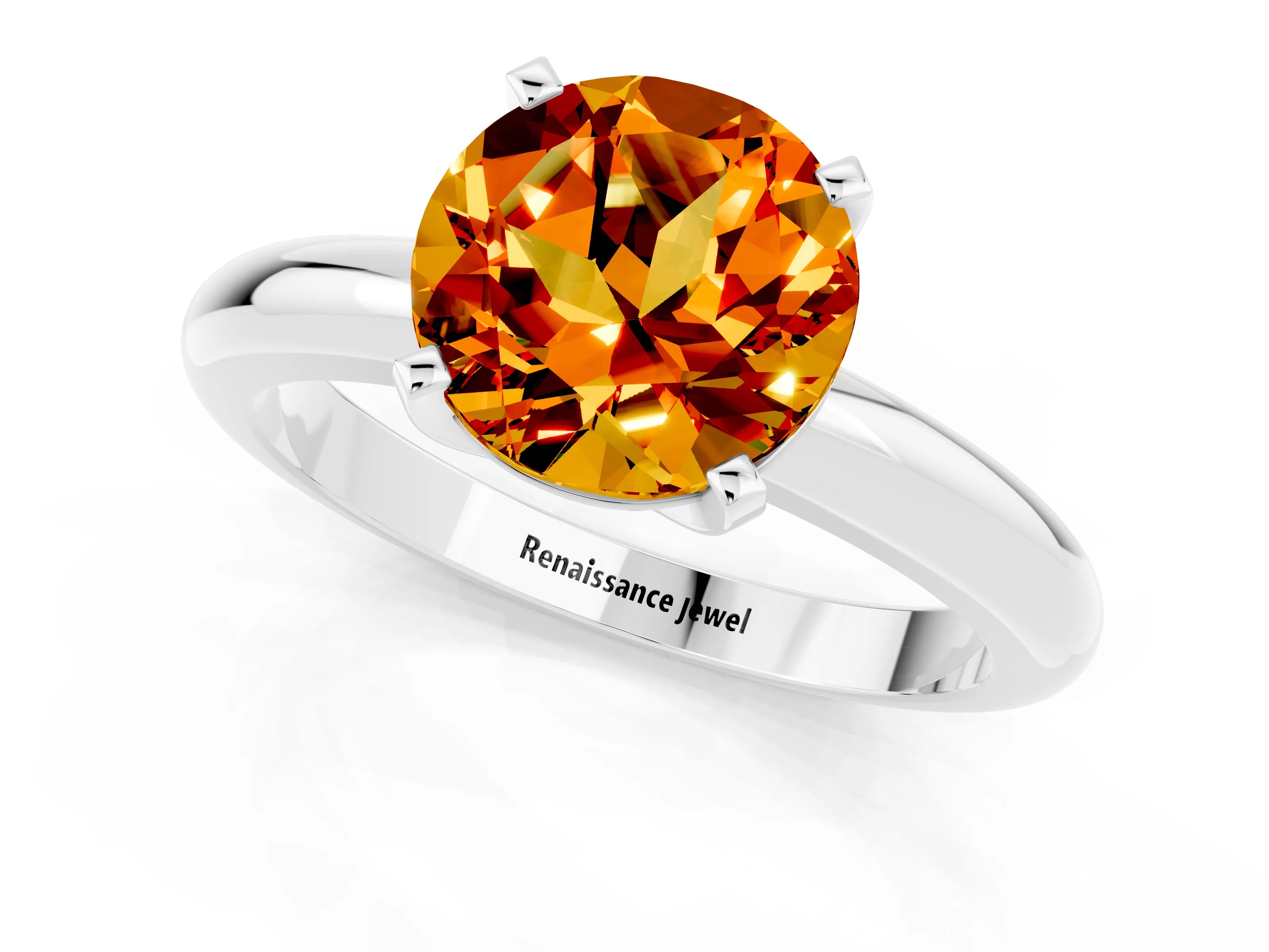 White gold Round Cut Citrine Solitaire Engagement Ring with Round Band and Four-Prong Setting_1