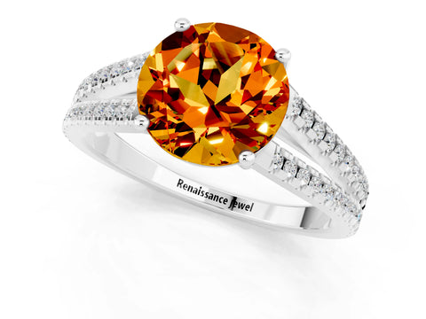 White gold Round Cut Citrine Solitaire Engagement Ring with Split Shank Pavé Band_1