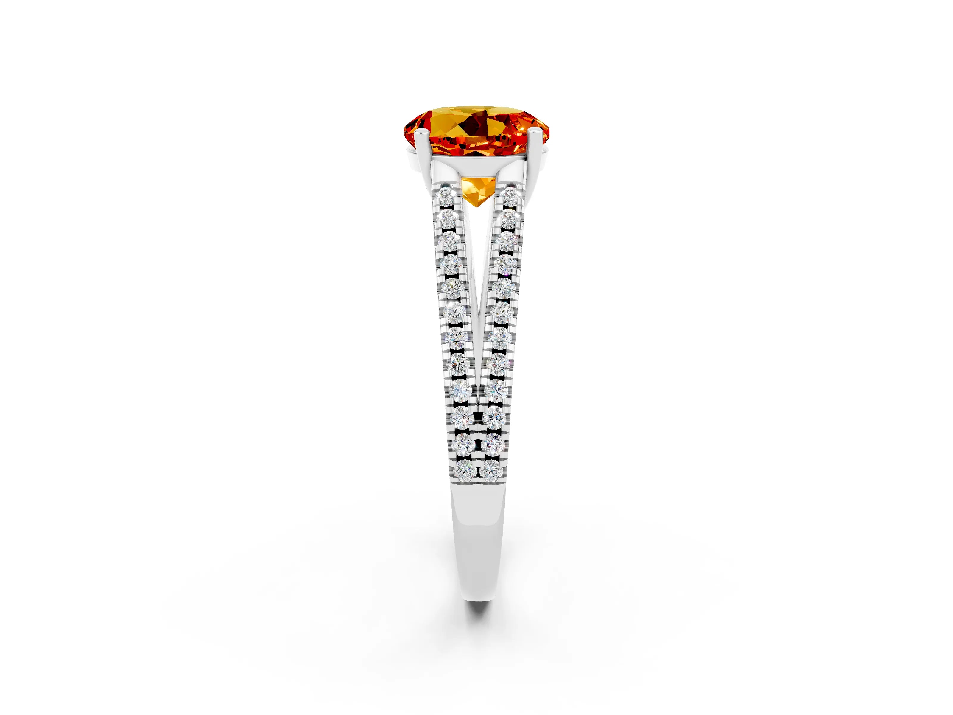 White gold Round Cut Citrine Solitaire Engagement Ring with Split Shank Pavé Band_2