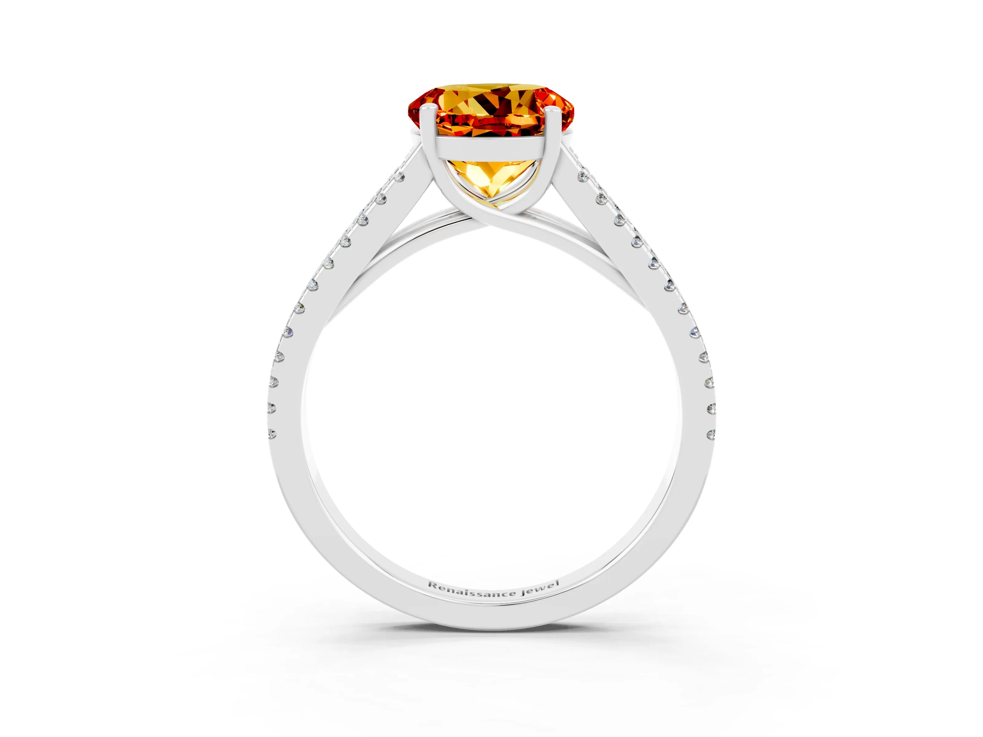 White gold Round Cut Citrine Solitaire Engagement Ring with Split Shank Pavé Band_3