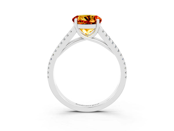 Silver Round Cut Citrine Solitaire Engagement Ring with Split Shank Pavé Band