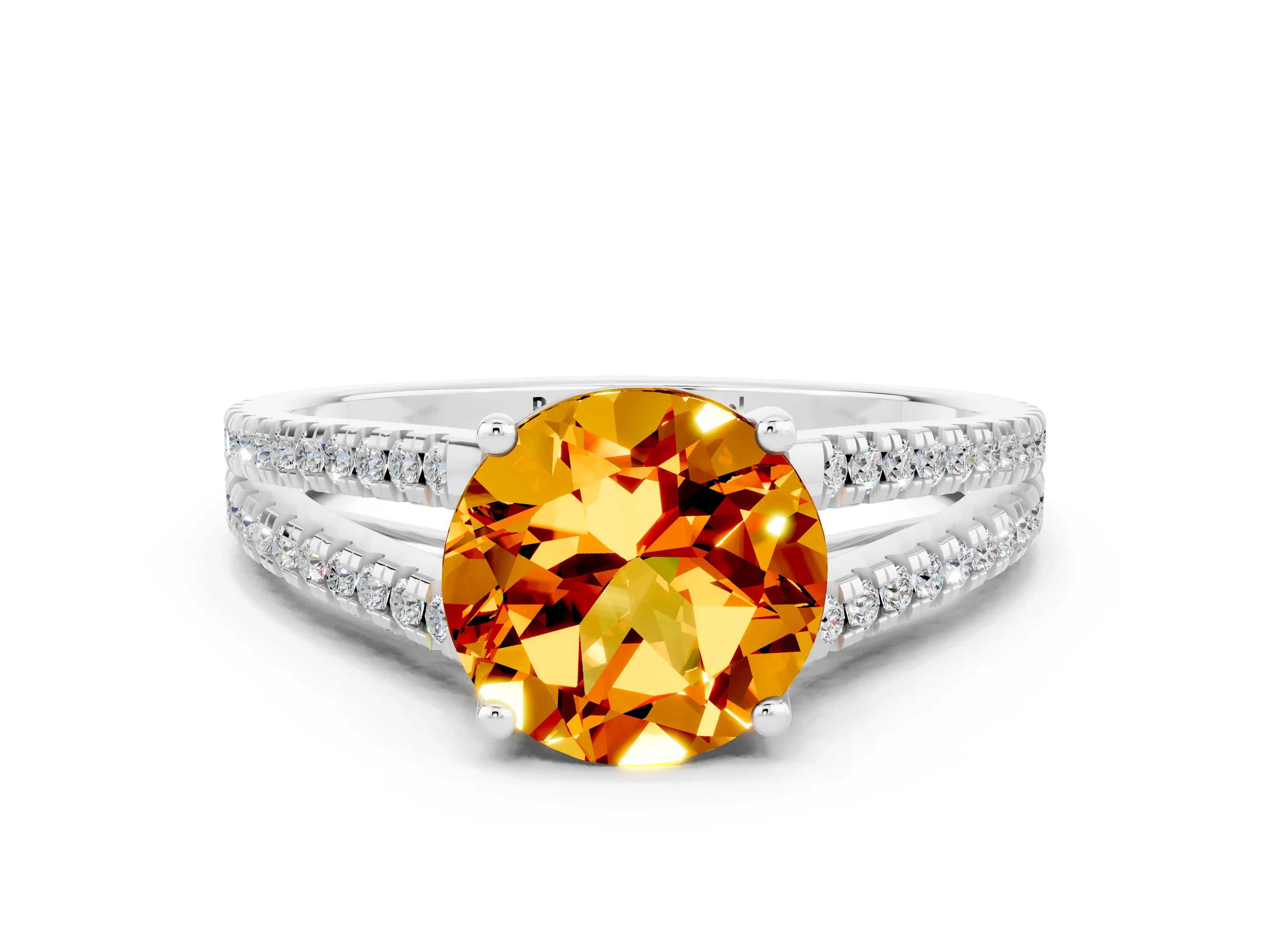 White gold Round Cut Citrine Solitaire Engagement Ring with Split Shank Pavé Band