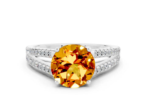 White gold Round Cut Citrine Solitaire Engagement Ring with Split Shank Pavé Band
