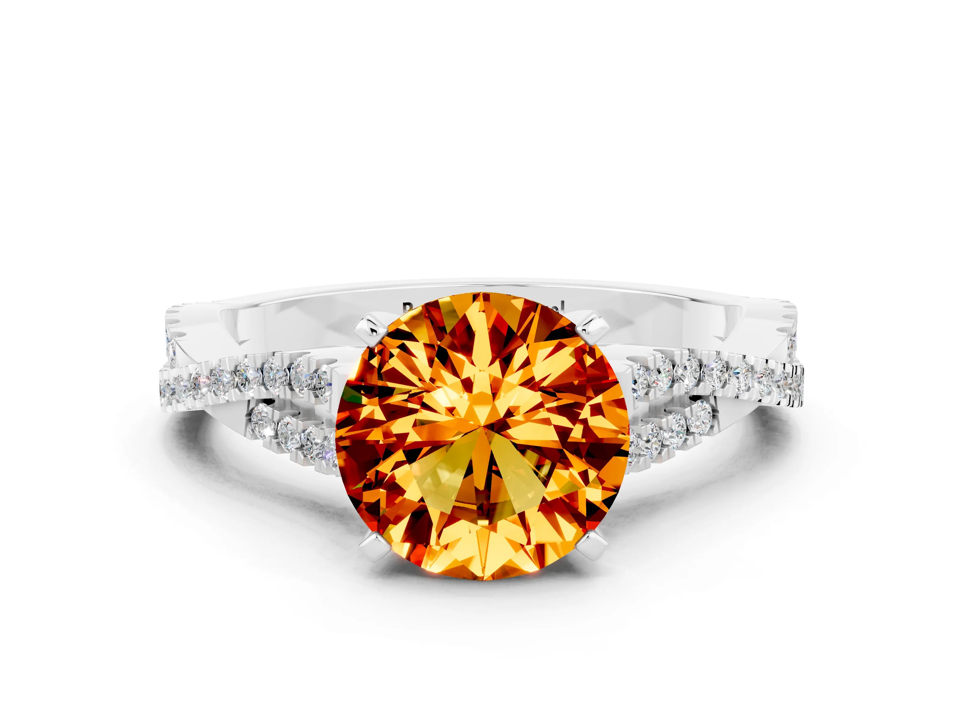 White gold Round Cut Citrine Solitaire Engagement Ring with Twisted Pavé Band and Four-Prong Setting_12