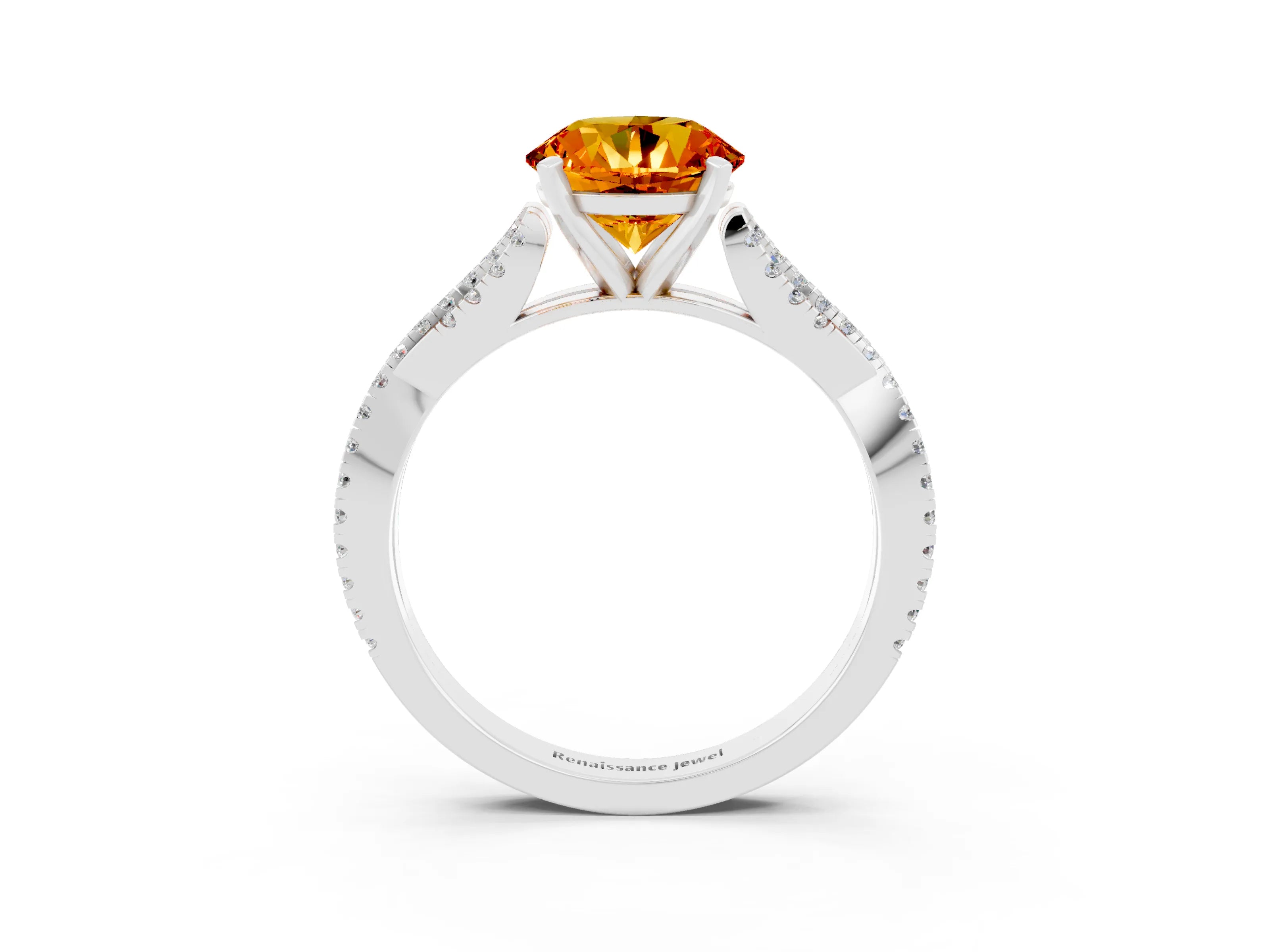 White gold Round Cut Citrine Solitaire Engagement Ring with Twisted Pavé Band and Four-Prong Setting_15