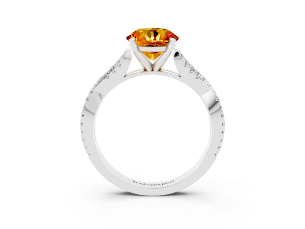White gold Round Cut Citrine Solitaire Engagement Ring with Twisted Pavé Band and Four-Prong Setting