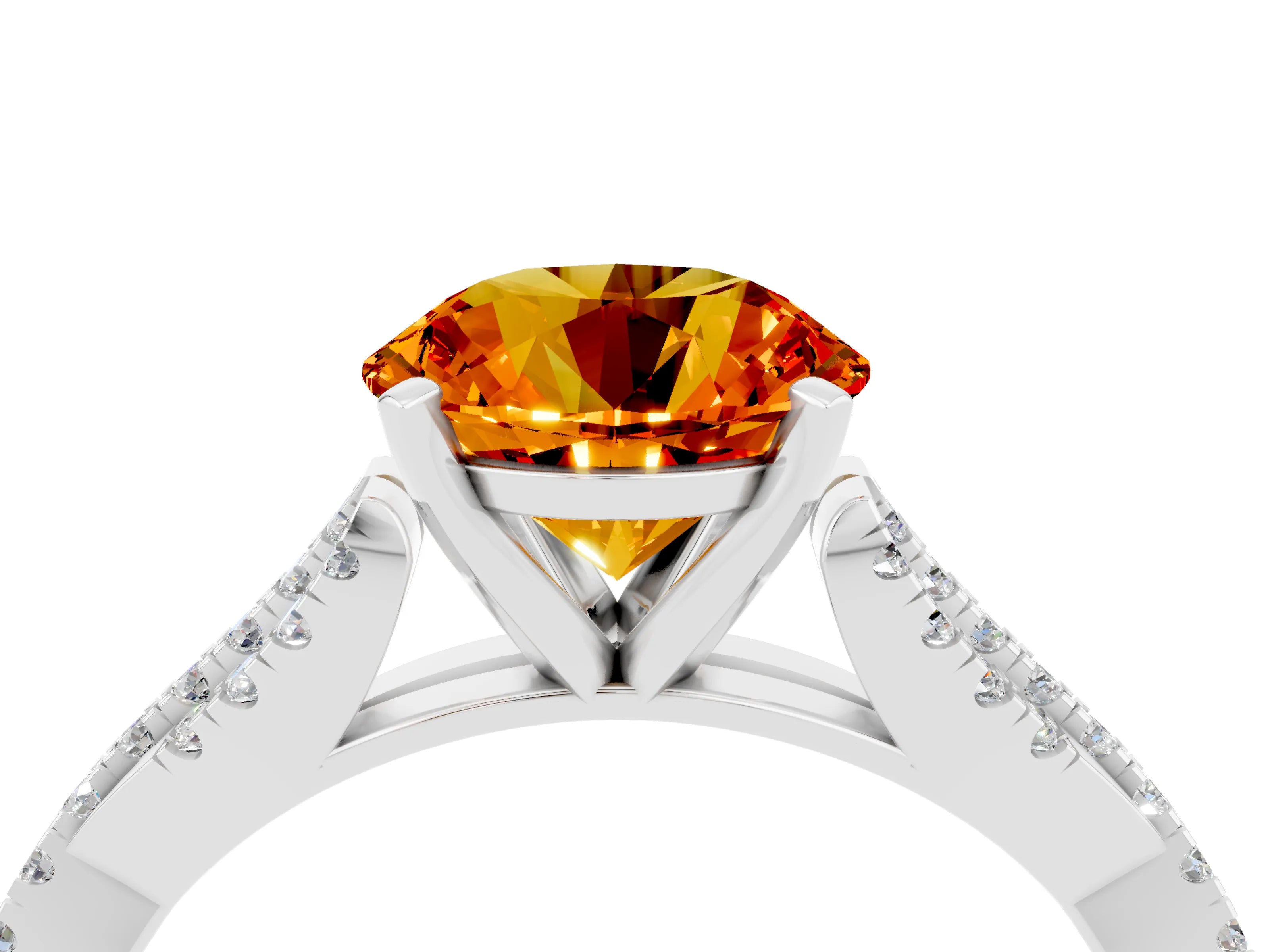 White gold Round Cut Citrine Solitaire Engagement Ring with Twisted Pavé Band and Four-Prong Setting_16