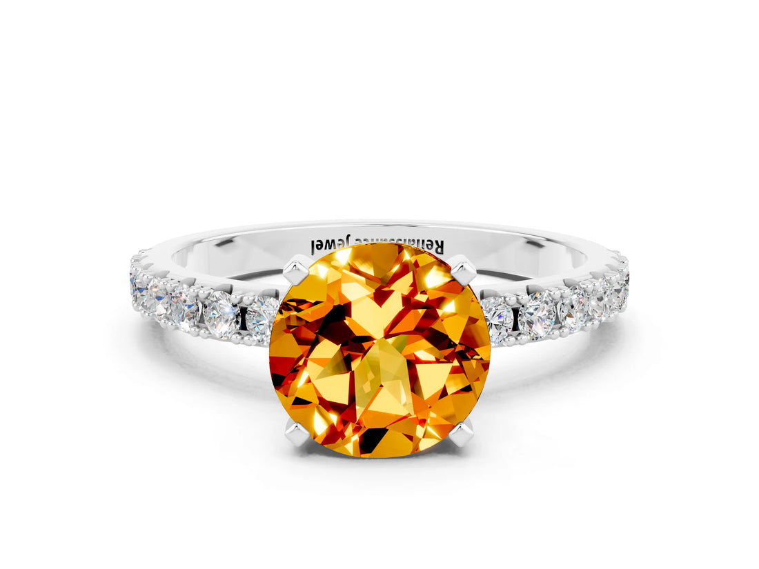 White gold Round Cut Citrine Solitaire Pavé Band with Four-Prong Setting