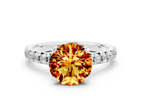 Platinum Round Cut Citrine Solitaire Pavé Engagement Ring with Round Band and Prong Setting
