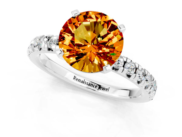 Platinum Round Cut Citrine Solitaire Pavé Engagement Ring with Round Band and Prong Setting