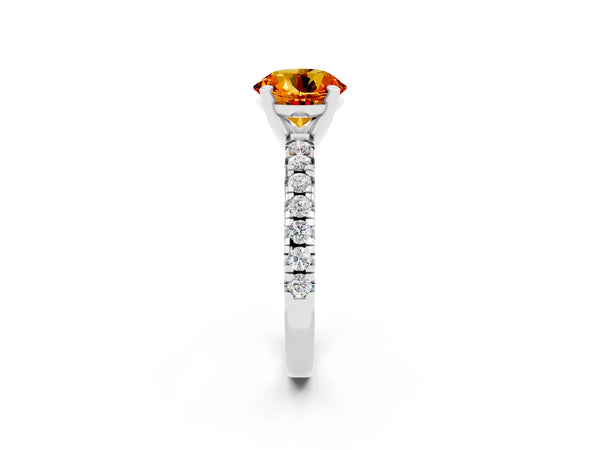 Platinum Round Cut Citrine Solitaire Pavé Engagement Ring with Round Band and Prong Setting