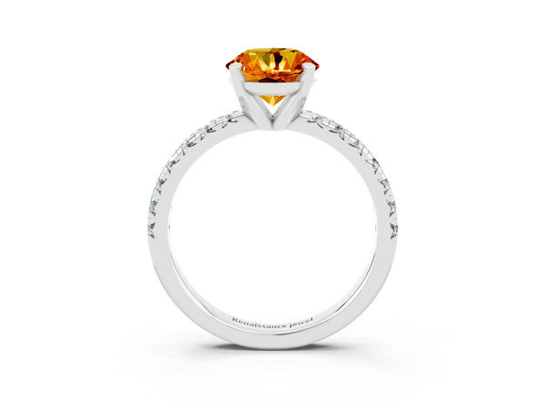 Platinum Round Cut Citrine Solitaire Pavé Engagement Ring with Round Band and Prong Setting