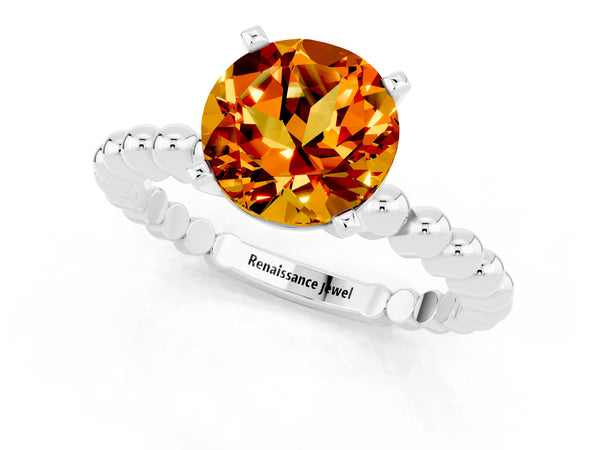 Platinum Round Cut Citrine Solitaire Ring with Beaded Band and Prong Setting