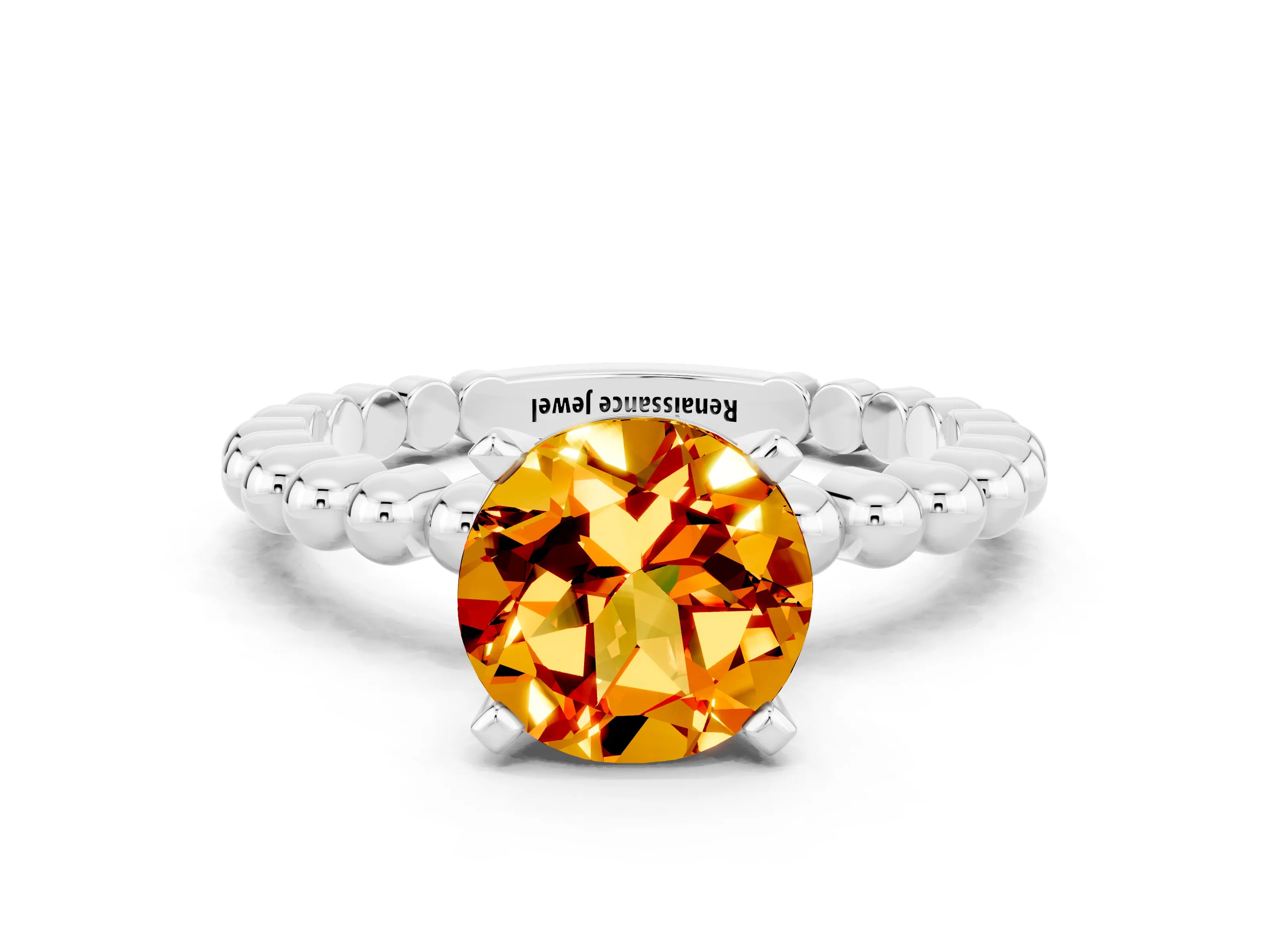 White gold Round Cut Citrine Solitaire Ring with Beaded Band and Prong Setting_12
