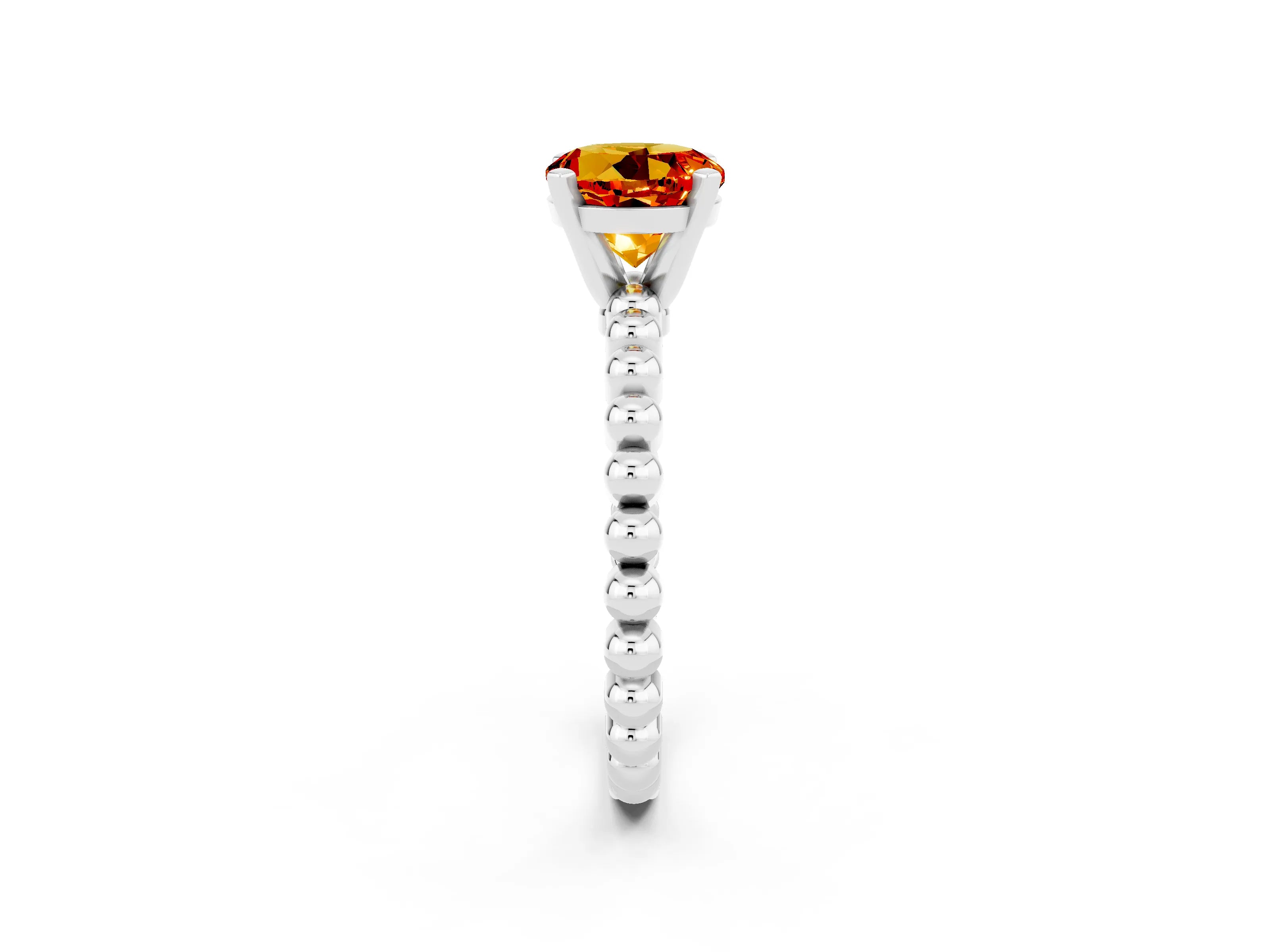 White gold Round Cut Citrine Solitaire Ring with Beaded Band and Prong Setting_2