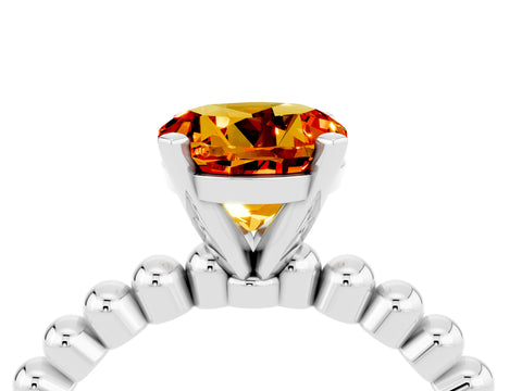 White gold Round Cut Citrine Solitaire Ring with Beaded Band and Prong Setting_4