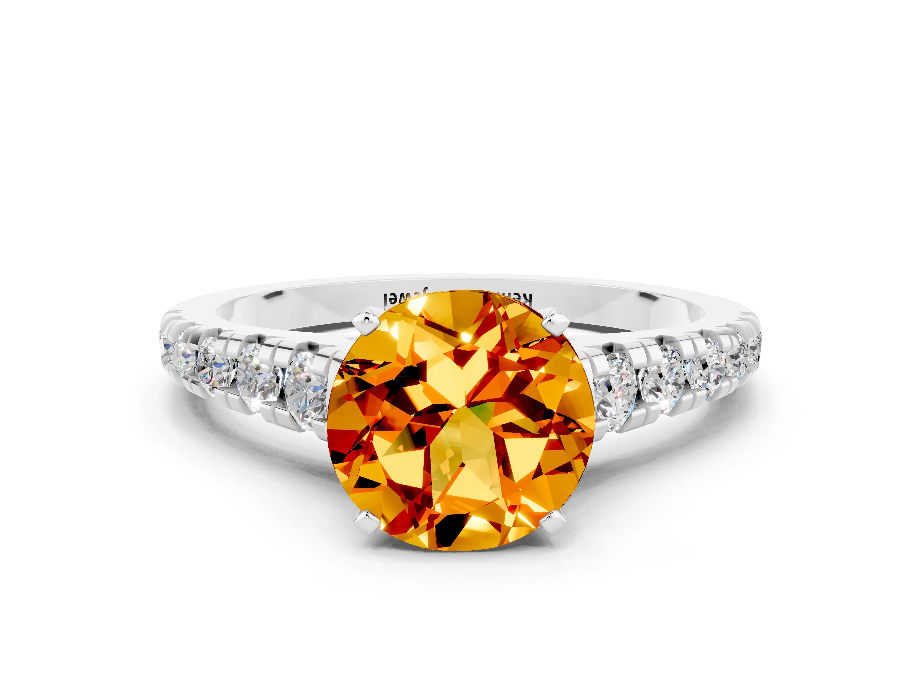 White gold Round Cut Citrine Solitaire Ring with Cathedral Setting and Pavé Band