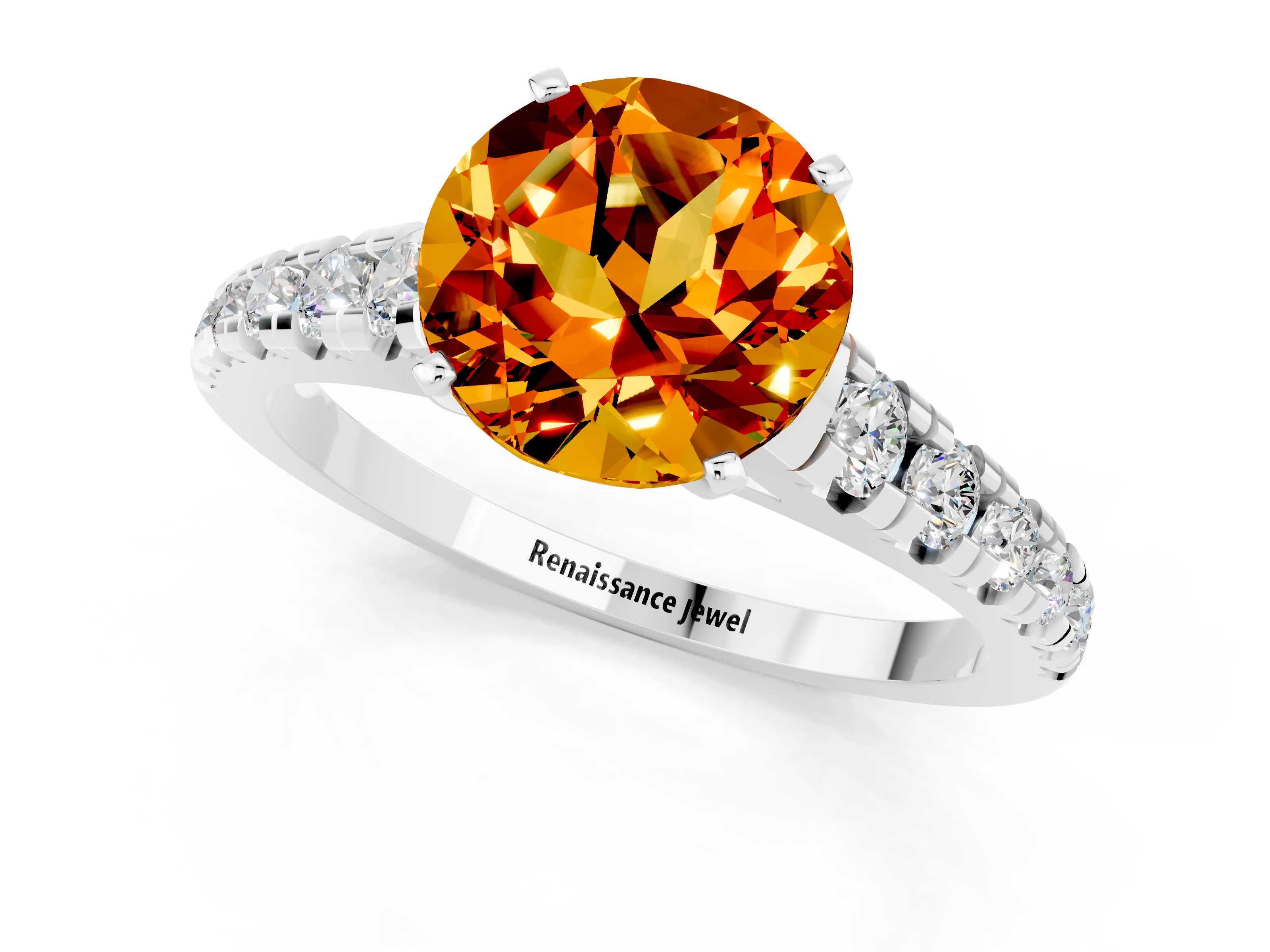 White gold Round Cut Citrine Solitaire Ring with Cathedral Setting and Pavé Band_1