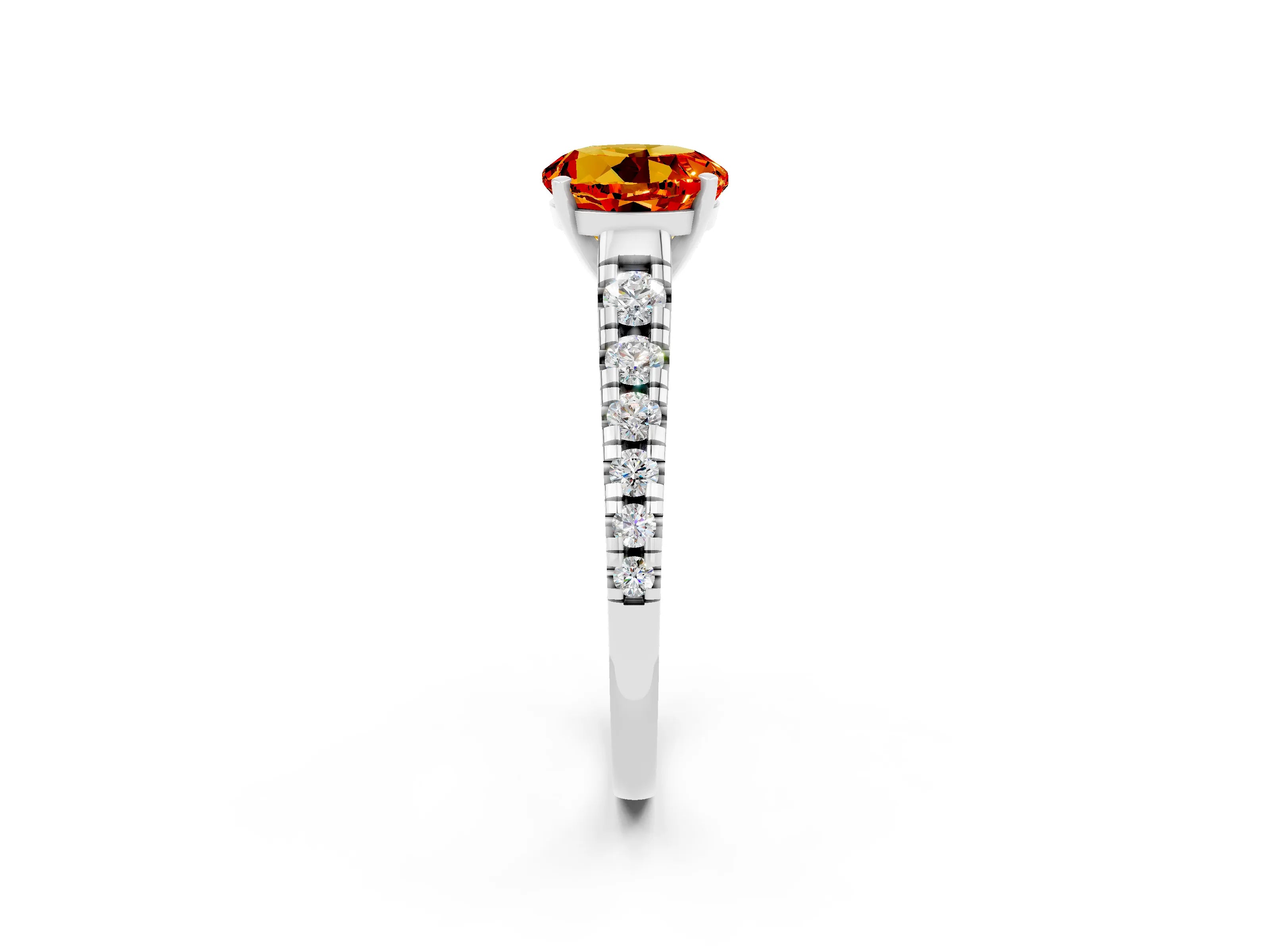 White gold Round Cut Citrine Solitaire Ring with Cathedral Setting and Pavé Band_2